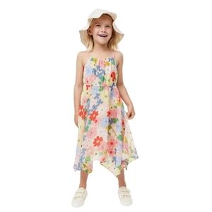H&M Floral Handkerchief Hem Sundress with Blue & Coral Flowers - Size 7-8